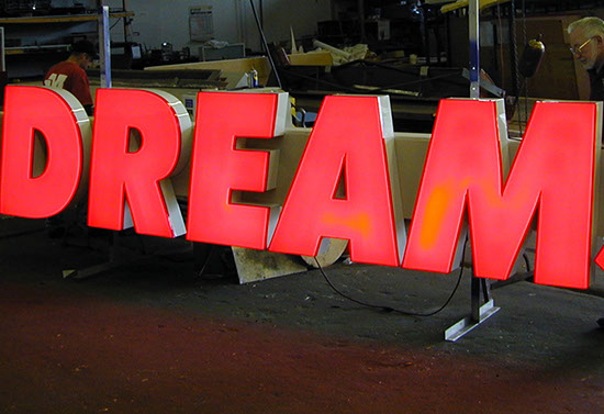 Channel Letter sign being tested in the shop