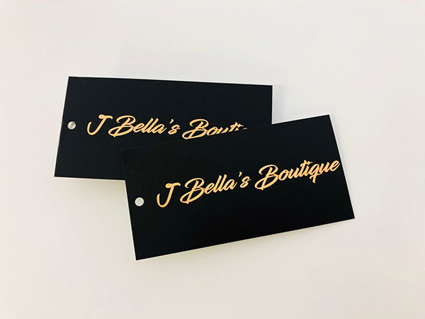 Clothing Tags Black Background with Gold letters